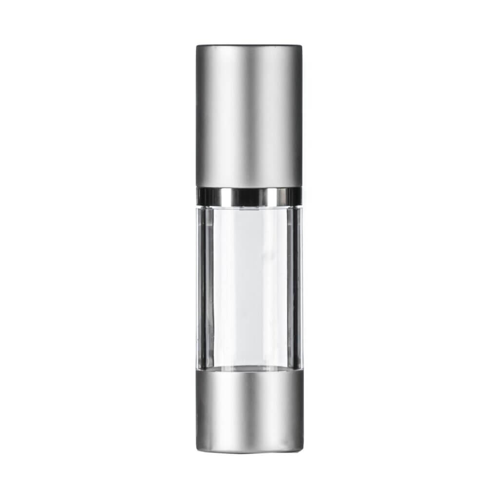 30ml Clear Airless Bottle, Matte Silver Base with Airless Pump with Matte Silver Overcap, Shiny Gloss Silver Collar & White Actuator